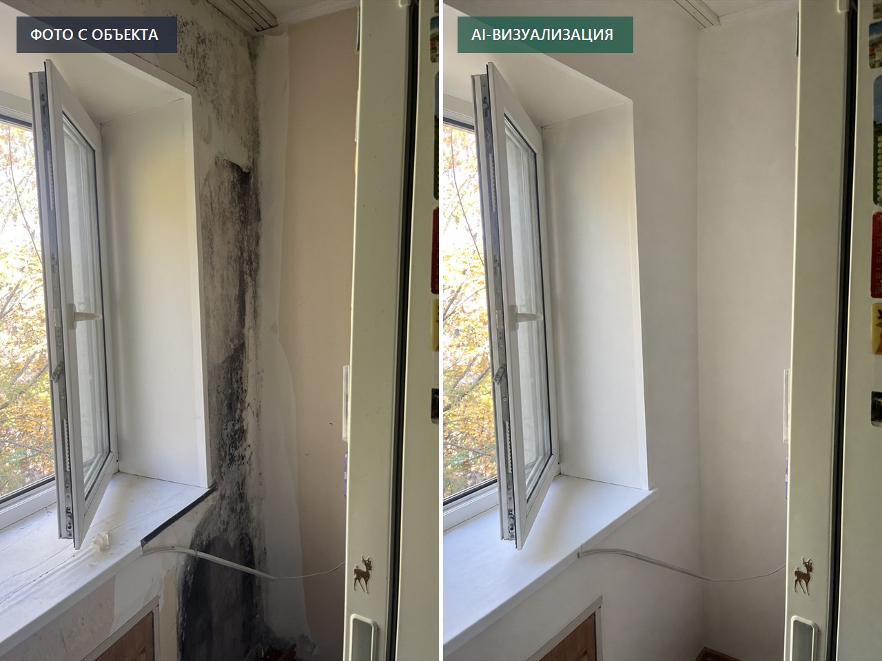 Фото очага плесени и AI-визуализация возможного результата обработки